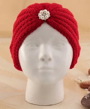 KIDLINGSS Pearl & Stone Detailed Flower Brooch Applique Embellished  Knitted Cap - Red