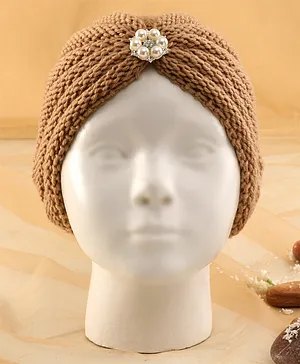 KIDLINGSS Pearl & Stone Detailed Flower Brooch Applique Embellished  Knitted Cap - Brown