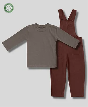 Saltpetre 100% Organic Cotton Full Sleeves Solid T Shirt And Dungarees Set - Brown & Coffee Brown