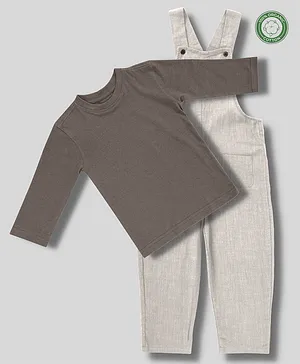 Saltpetre 100% Organic Cotton Full Sleeves Solid T Shirt And Dungarees Set - Brown & White