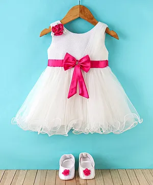 Bluebell Sleeveless Party Frock With Floral Corsage & Bellies- Pink & White