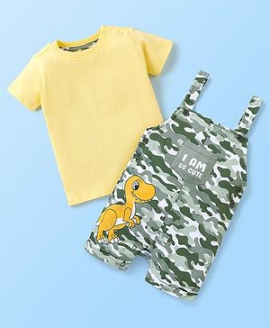 Babyhug 100% Cotton Half Sleeves Tee & Dungaree Set Camo & Dino Print- Yellow & Green
