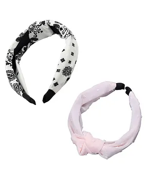 Jewelz Set Of 2 Flower Motif Printed & Dobby Work Embellished Hair Bands - White & Pink