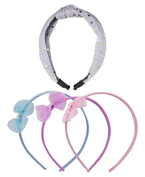 Jewelz Set Of 4 Glittery Embellished Knotted And Bow Applique Hair Bands - Grey Pink Blue Purple