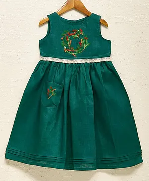 LIZ JACOB Green Wreath of Joy Linen Dress for Girls