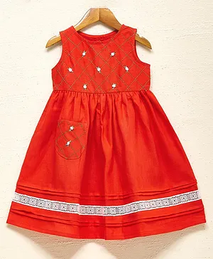 Liz Jacob Orange-Red Holiday Cheer Embroidered Linen Dress for Girls
