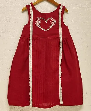 LIZ JACOB Maroon-Red Season of love Embroidered Linen Dress for Girls