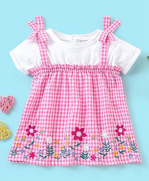 Babyhug Seer Sucker Half Sleeves Checkered Top Floral Embroidery - Pink & White