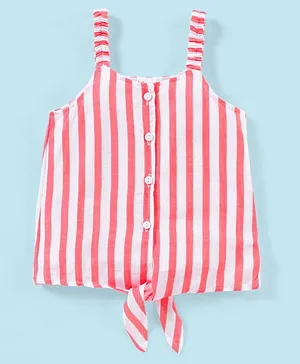 Babyhug Rayon Woven Sleeveless Striped Top with Tie-Up Detail - White & Peach