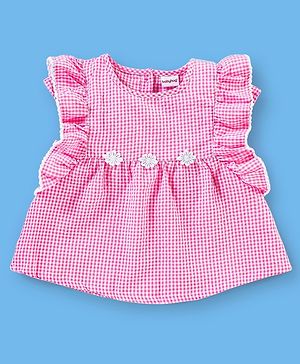 Babyhug Woven Short Sleeves Seer Sucker Checks with Frill Corsage & Lace Detailing Top - Pink