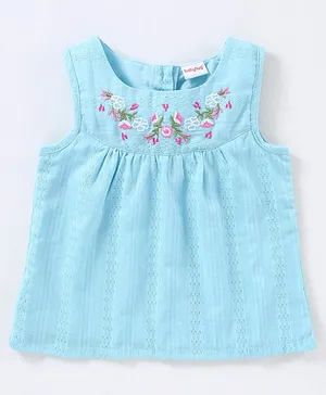Babyhug Cotton Dobby Woven Sleeveless Top With Floral Embroidery Detailing- Blue