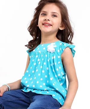 Babyhug 100% Rayon Woven Frill Sleeves Top with Floral Corsage & Polka Dots Print - Blue