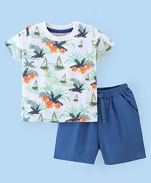 Babyhug 100% Cotton Knit Half Sleeves T-Shirt & Shorts Set Floral Print - Blue