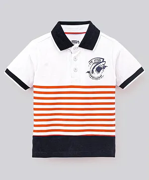 Under Fourteen Only Half Sleeves Rugby Striped & Shark Detailed Polo Tee - Navy Blue