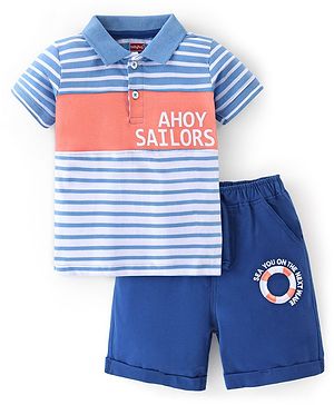 Babyhug 100% Cotton Knit Half Sleeves T-Shirt and Woven Shorts Set Stripes & Text Print - Pink & Blue