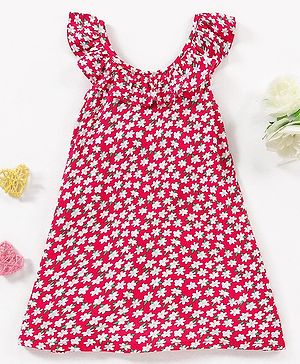 Babyhug 100% Viscose Sleeveless Floral Print Frock with Bow Applique - Red