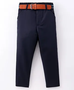 Mark & Mia Full Length Solid Color Party Wear Trouser with Belt Detailing - Navy Blue