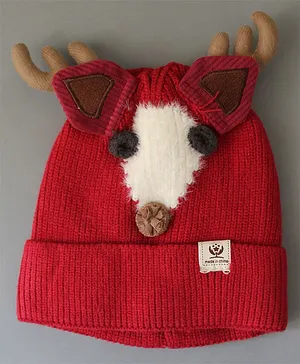 Qvink Reindeer Pattern Woollen Winter Cap - Red