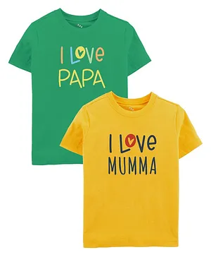 Zeezeezoo Half Sleeves Family Theme I Love Papa And I Love Mumma Printed T Shirts - Green Yellow