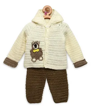 MayRa Knits Full Sleeves Hand Knitted Bear Crochet Sweater Hoodie With Dungaree - Cream