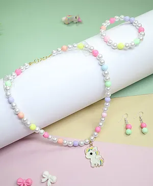 Kamule Set Of 3  Unicorn Necklace  Bracelet & Earrings - White Green Pink
