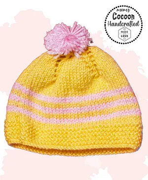 COCOON ORGANICS Handcrafted Soft And Warm Winter Striped Bobble Cap - Yellow