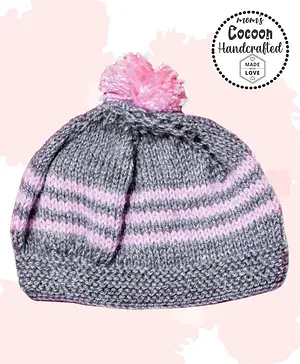 COCOON ORGANICS Handcrafted Soft And Warm Winter Striped Bobble Cap - Grey Melange
