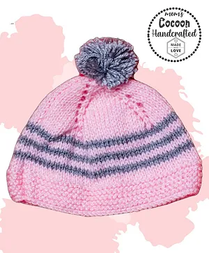 COCOON ORGANICS Handcrafted Soft And Warm Striped Design Bobble Cap - Pink