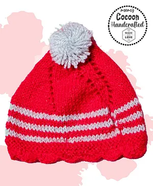 COCOON ORGANICS Handcrafted Soft And Warm Striped Design Bobble Cap - Red