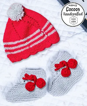 COCOON ORGANICS Handcrafted Soft And Warm Striped Bobble Cap & Socks - Grey & Red