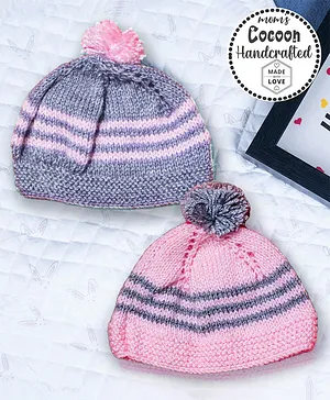 COCOON ORGANICS Handcrafted Soft & Warm Striped Bobble Caps - Pink & Grey