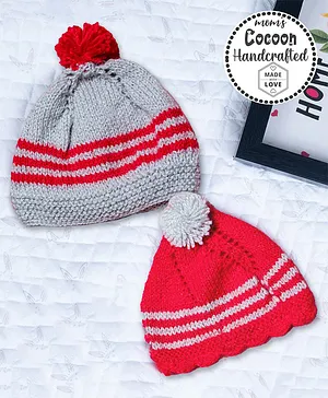 COCOON ORGANICS Handcrafted Soft & Warm Striped Bobble Caps - Red & Grey