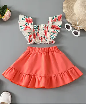 Kookie Kids Sleeveless Floral Printed Top and Solid Color Skirt Set - White & Pink