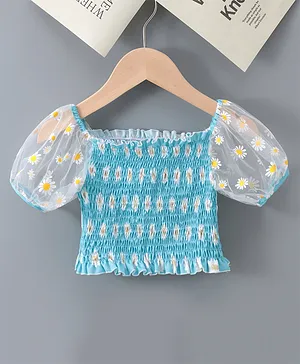 Kookie Kids Half Sleeves Top Floral Print - Blue