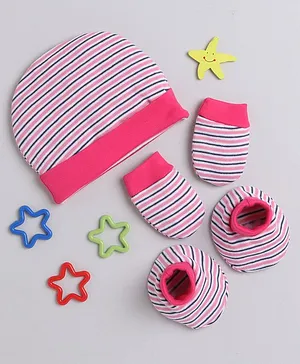 BUMZEE Striped Designed Coordinating Mittens & Booties Set - Dark Pink