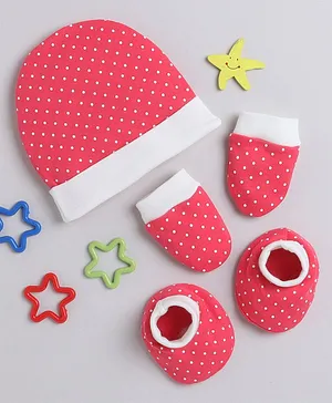 BUMZEE Mini Polka Dots Printed Cap Mittens & Booties Set - Pink & White