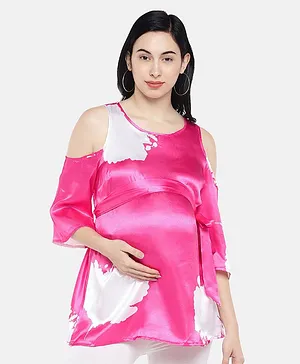 Blush 9 Three Fourth Sleeves Cold Shouldered Colour Blocked Maternity Wear Top - Pink & White