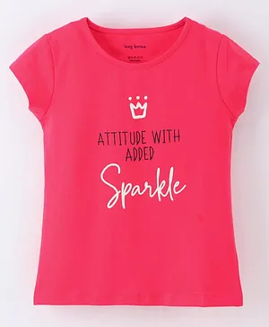 Lazy Bones Cotton Knit Half Sleeves Top Text Print - Fuschia