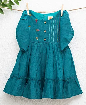Soleilclo Three Fourth Gathered Sleeves Hand Embroidered Cotton Dress - Peacock Blue