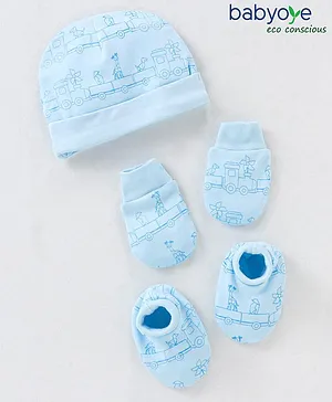 Babyoye 100% Cotton with Eco Jiva Finish Zoo Printed Cap Mittens & Booties Set Blue - Diameter 10 cm