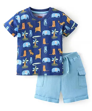 Babyhug 100% Cotton Knit Half Sleeves Elephant Printed T-Shirt & Shorts Set - Navy Blue & Light Blue