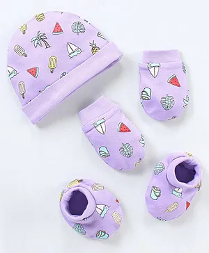 Babyhug 100% Cotton Cap Mittens & Booties Watermelon & Popsicle Print- Purple