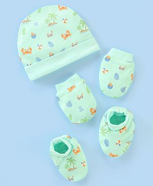 Babyhug 100% Cotton Cap Mittens & Booties Beach Print - Diameter 11 cm
