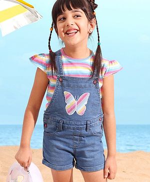 Babyhug 100% Cotton Cap Sleeves Striped Tee & Denim Dungaree Set With Butterfly Embroidery- Blue & Pink