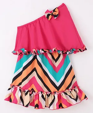 M'andy One Shoulder Frilled & Ruffled Bottom Chevron Design Printed Dress - Multi Colour