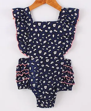 M'andy Sleeveless Frilled Animal Printed Jumpsuit - Navy Blue