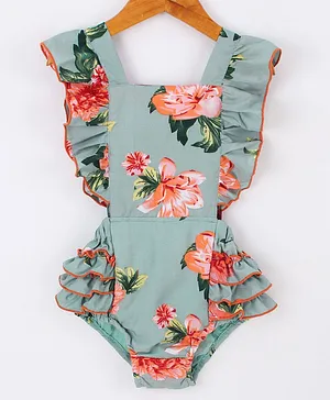 M'andy Cap Flutter Sleeves Tropical Flowers Printed & Layered Ruffles Desiled Onesie - Green
