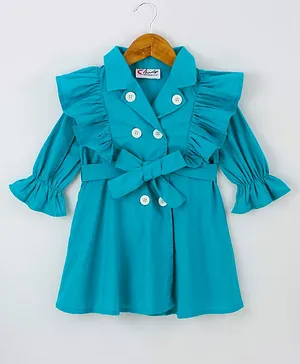 M'andy Full Sleeves Frilled Solid Dress - Blue