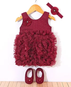 Enfance Sleeveless Shimmer Embellished Bodice & Ruffled Dress With Coordinating Flower Applique Detailed Headband & Booties - Maroon