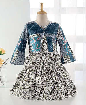 Enfance Full Bell Sleeves Abstract Polka Dots & Seamless Leopard Printed Layered Fit Dress With Patch Designed Shrug  - Blue